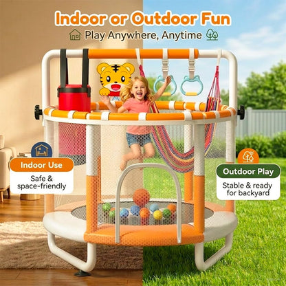 KINETRA 55" Kids Indoor Trampoline with Safety Net, Adjustable Gymnastics Bar & Toys