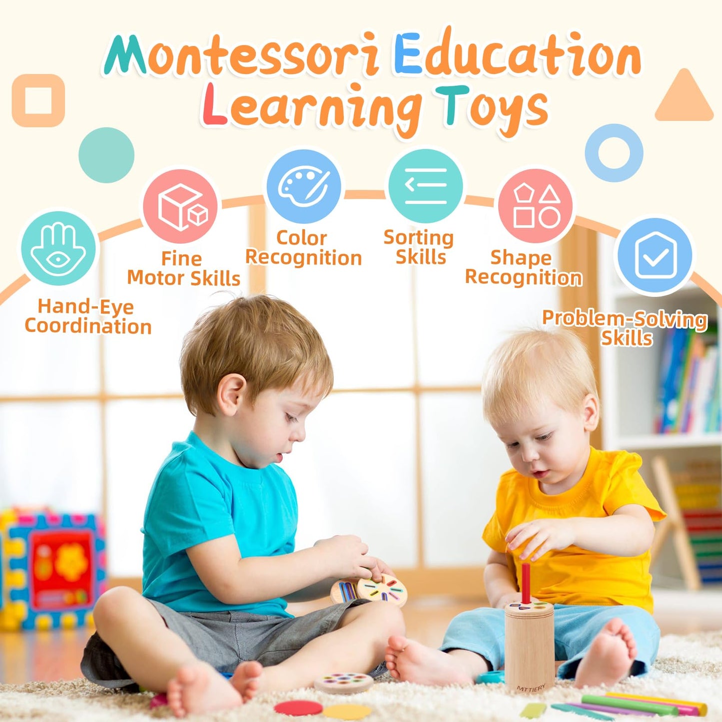 MTTIERY 4 in 1 Wooden Color Sorting Toy, Montessori Toys for 2 3 4 Year Old