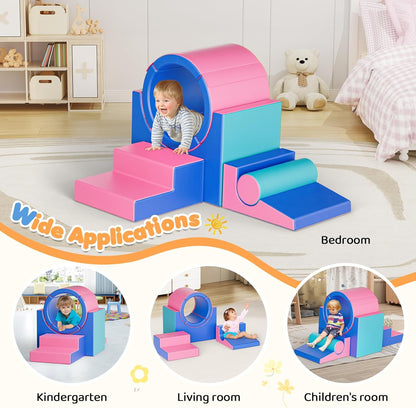 Lischwert Foam Climbing Blocks for Toddlers 1-3, 5pcs Soft Play Set with Tunnel Crawling Exploration Toys, Indoor Infant Safe Blocks for Baby Gym & Toddler Playground - Blue Pink