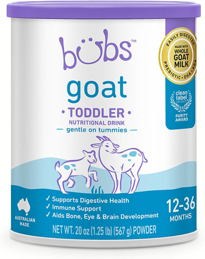 Bubs Goat Toddler Nutritional Drink, Non-GMO Whole Goat Milk-Based Gentle Formula, for Kids 12-36