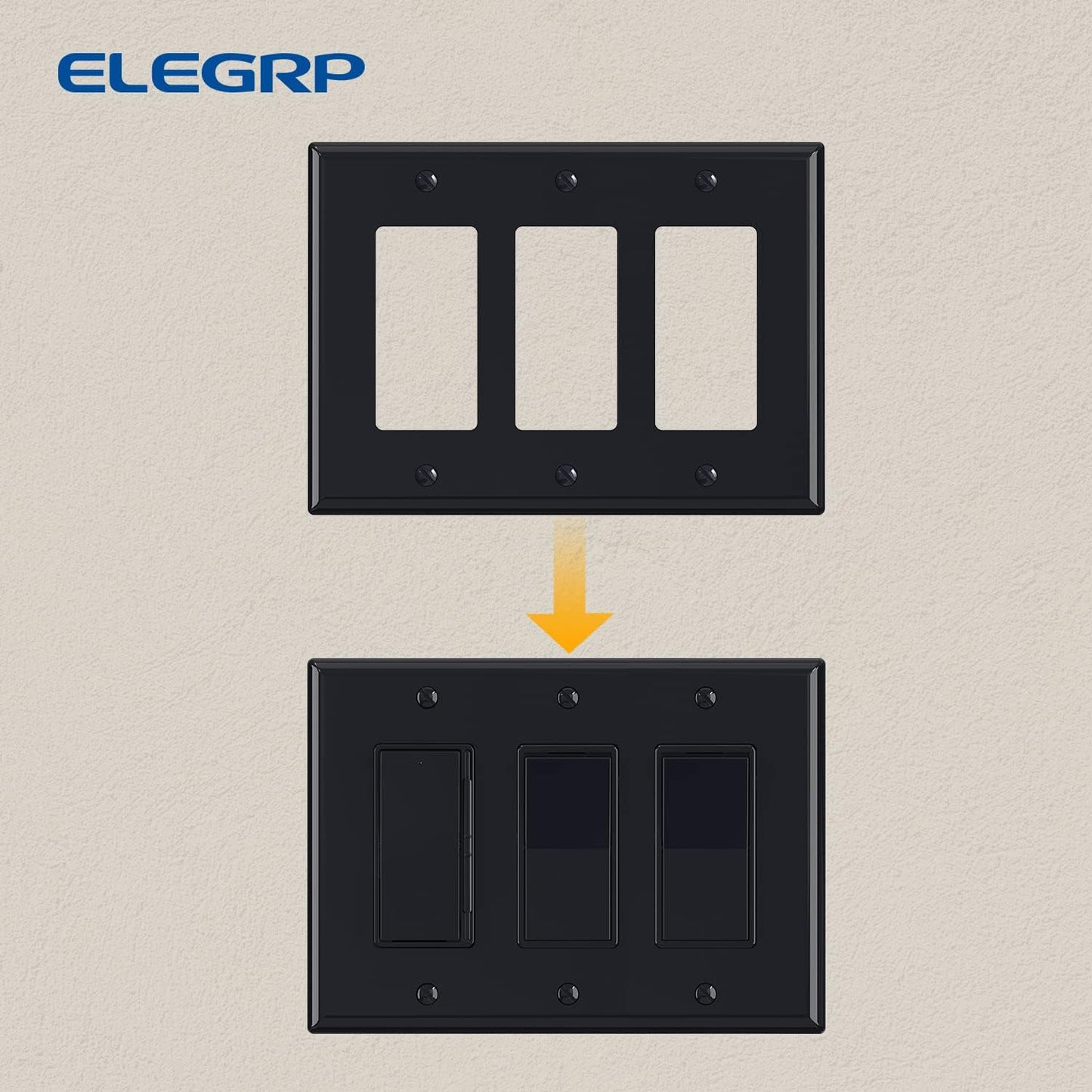 ELEGRP 3-Gang Decorative Wall Plates, Mid-Size 4.88" H x 6.75" L Unbreakable Thermoplastic Faceplate Cover for Decorator Receptacle Outlet Switch, UL Listed (10 Pack, Glossy Black)