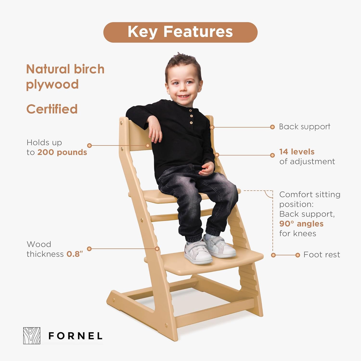 FORNEL Scandinavian Wooden High Chair | The Adjustable Grow-with-Me Chair, A Smart & Affordable