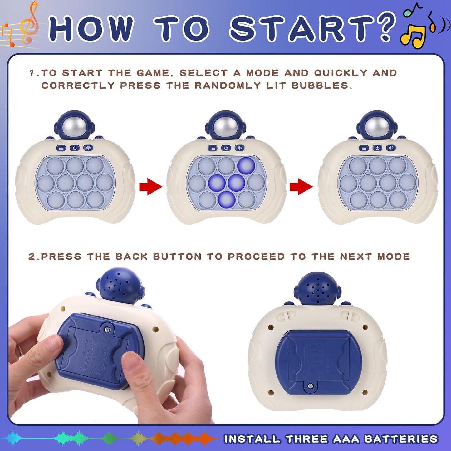 Fast Push Game Pop Fidget Toys for Kids, Fast Push Bubble Game, Quick Push Pop Game for Boys & Girls Age 3-12, Handheld Puzzle Game Sensory Toys Relaxation and Decompression (Blue Astronaut)