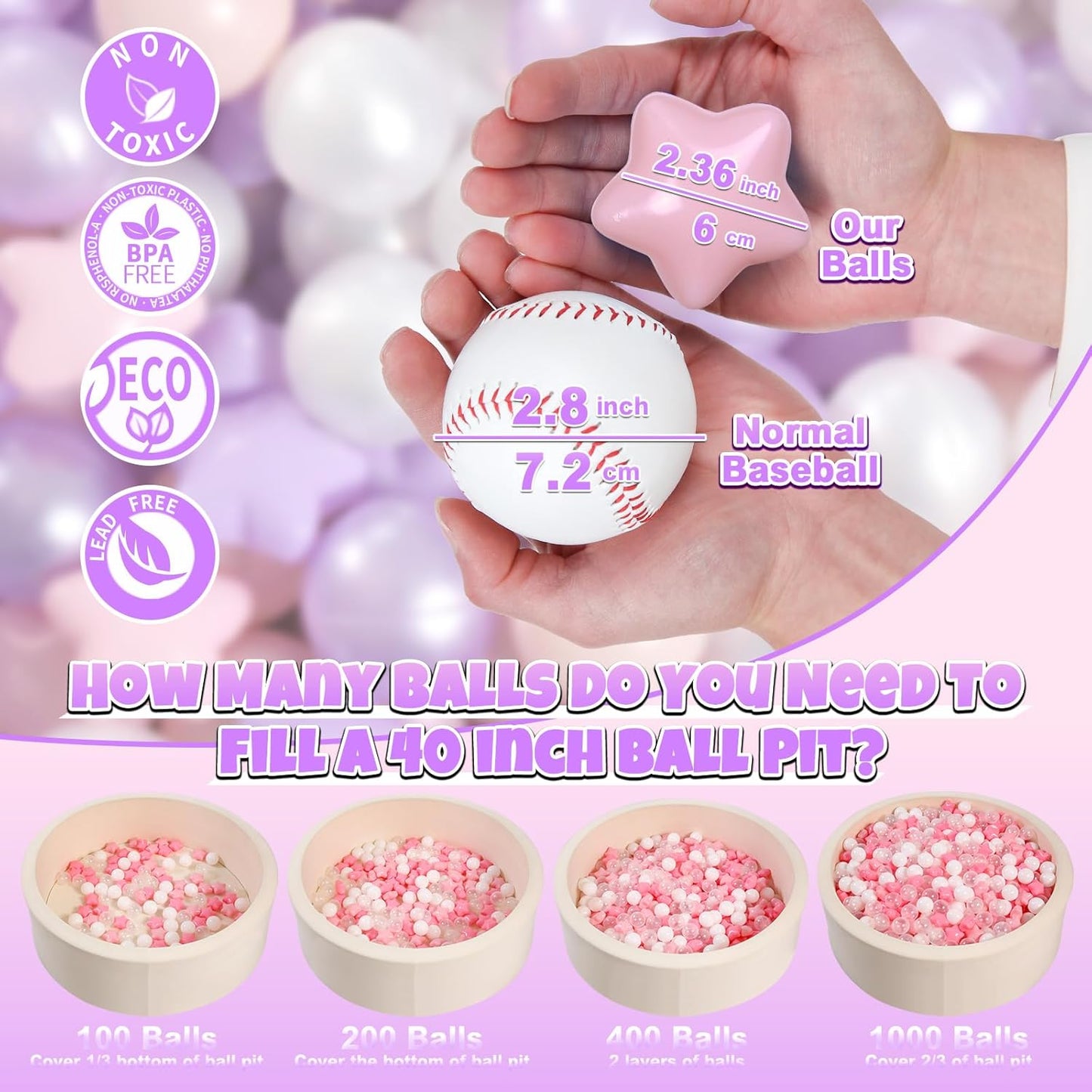 GOGOSO Pink and Purple Star Pit Balls for GirlsToddlers for Playhouse, Baby Pool, Play Ball Fun Centers, for Babies, Kids, Toddlers 1-3, Phthalate Free BPA Free