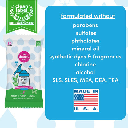 Dapple Breast Pump Wipes, Powered by Plants, Hypoallergenic, Removes Milk Residue, Fragrance Free