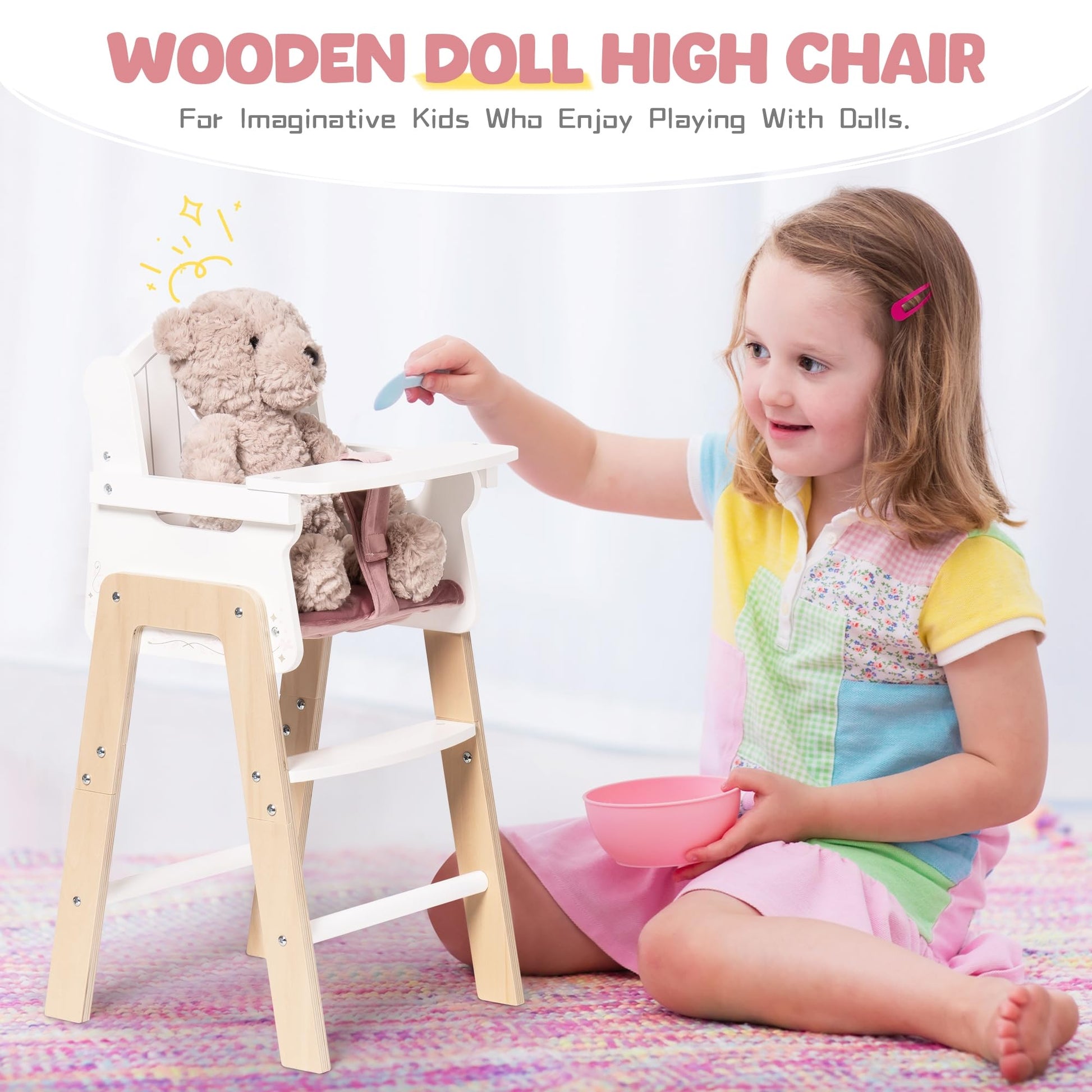 ROBOTIME Wooden Baby Doll High Chair for 18 Inch Dolls, Pink