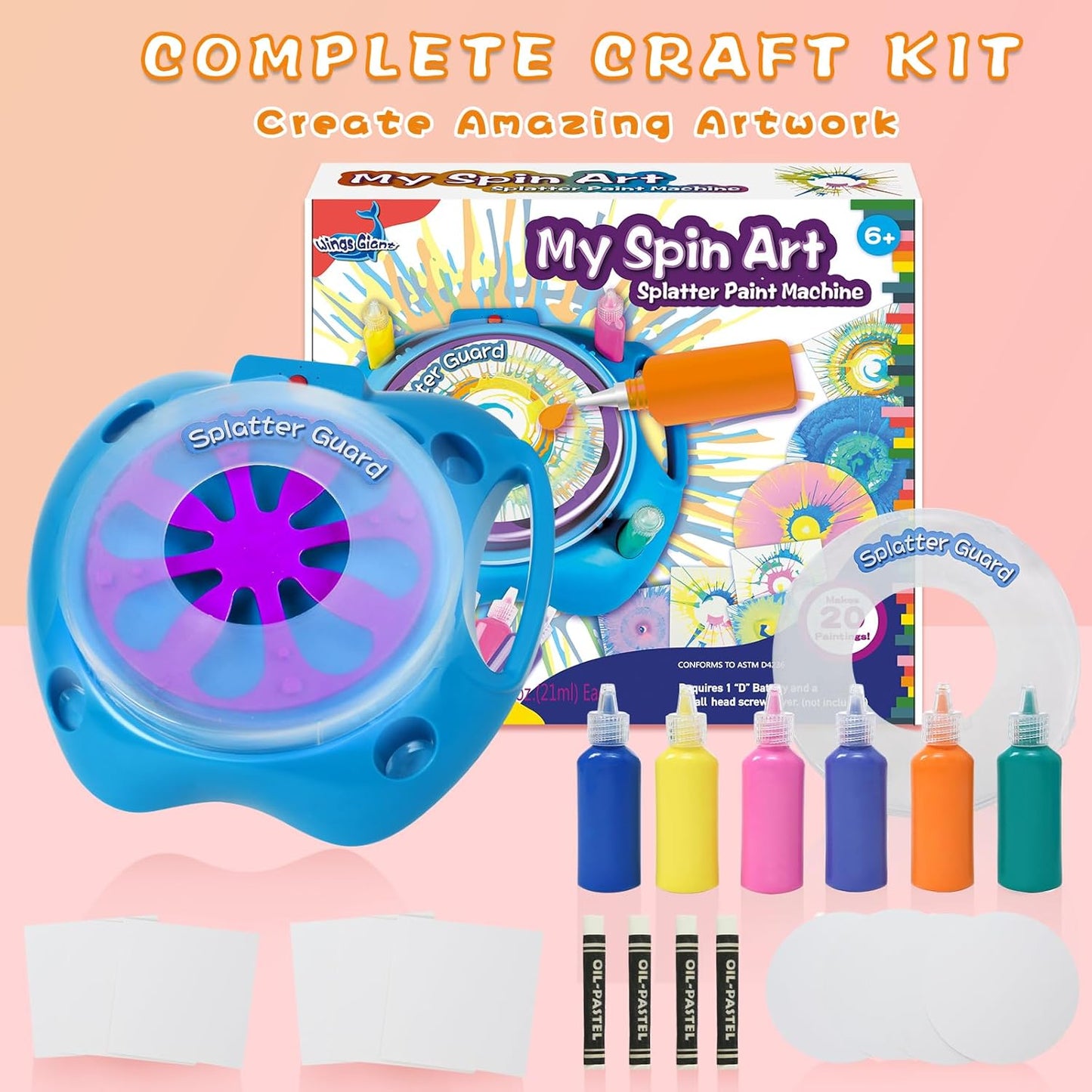 Spin Art Machine Variable Speed, Battery Operated Spinner - Paint Spinner with Splatter Guard, Washable Paint, Spin Art Kit, Stem Toys, Arts and Crafts