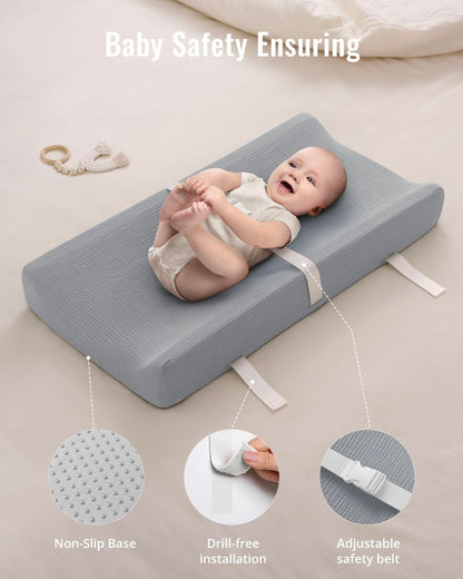Blissful Diary Muslin Baby Changing Pad with Waterproof Lining Foam, Diaper Changing Table Pad with Cover for Dressers (Gray, Rectangular)