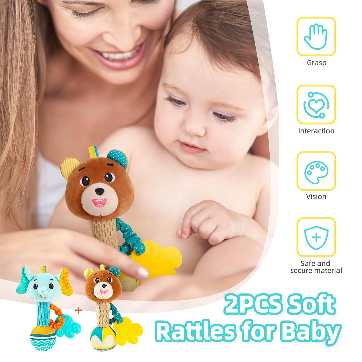 Baby rattles 0-6 months, Set of 2 rattles for babies 0-6 months, Soft Stuffed Animal Rattle Hand Grip Baby Toys, baby rattle Shaker Crinkle Squeaky Sensory Travel Accessories for 0 3 6 9 12 Months old