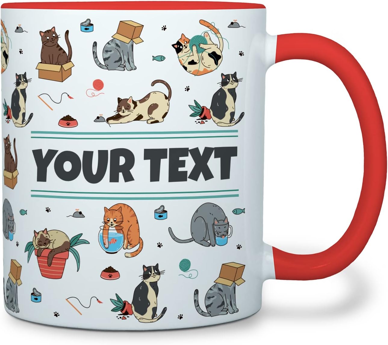 Personalized Mug for Kids - Cats - Custom Name/Text, Ceramic Hot Chocolate/Cocoa/Coffee Cup for Boys/Girls, Birthday/Christmas/Holiday Gift - 11 oz, Red Handle