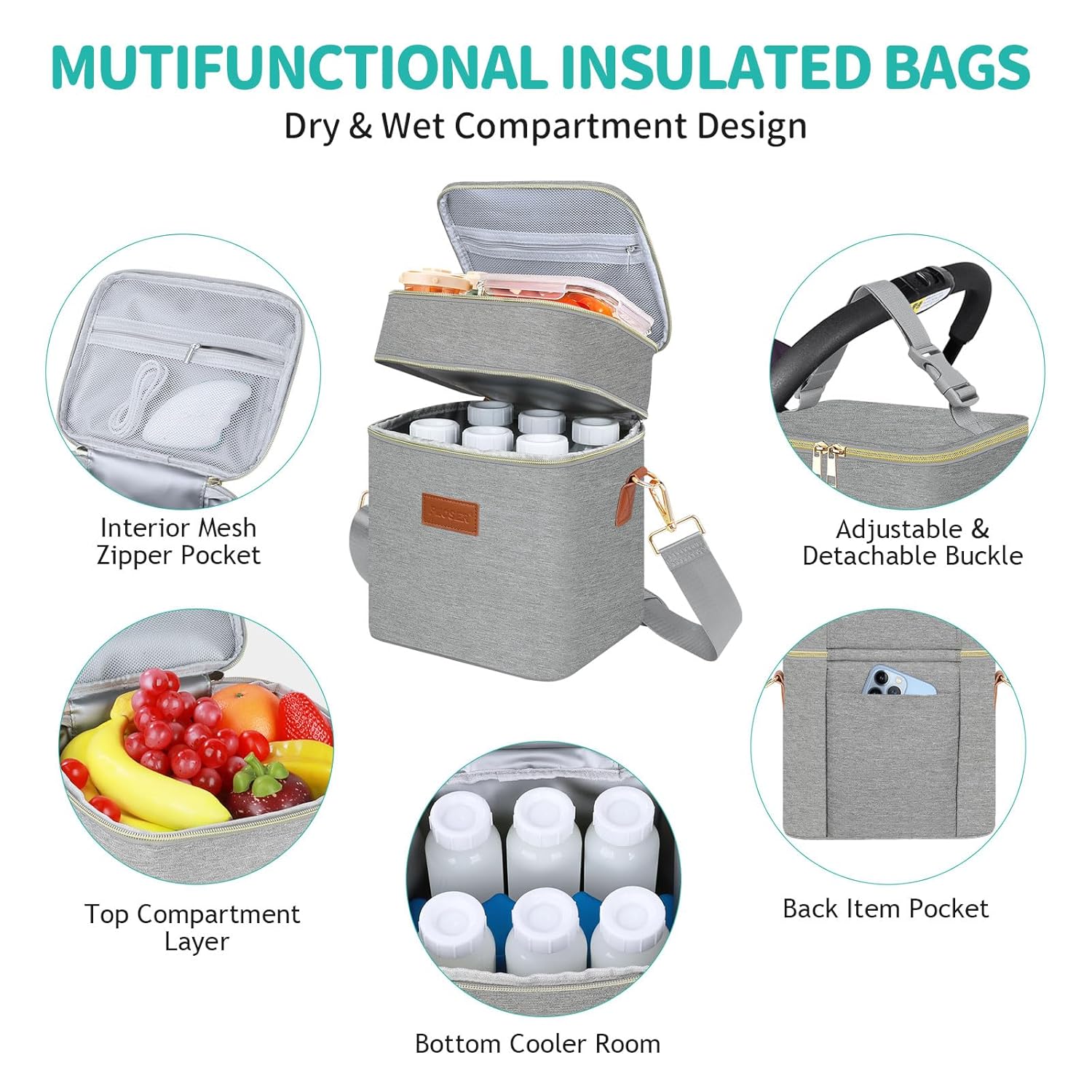 PIIOSER Breastmilk Cooler Bag with Ice Pack Fits 6 Baby Bottles Up to 9 Ounce, Insulated Baby