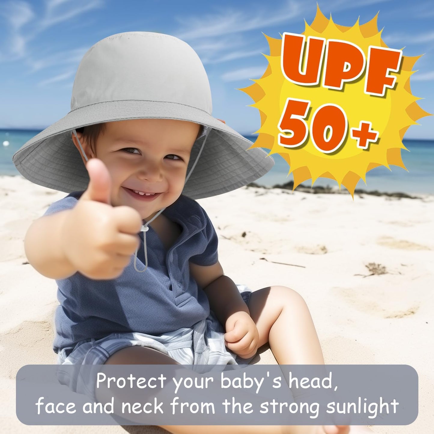 Baby Sun Hat Kids Summer UPF 50+ Toddler Bucket Hat Wide Brim Adjustable Beach Hats for Boys Girls Age 0-6 Years
