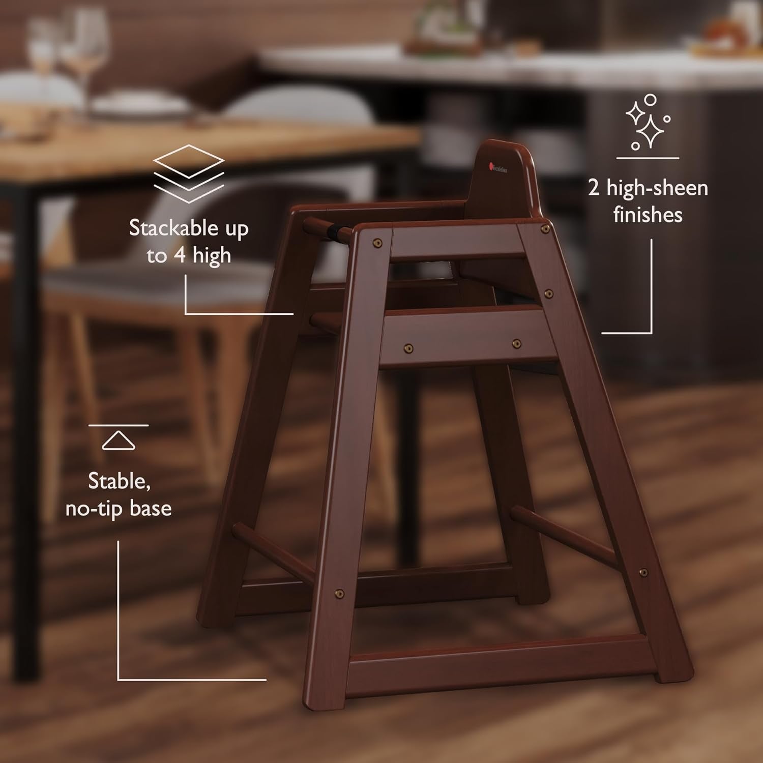 Foundations Neat Seat Wood Highchair for Restaurants, Easy to Clean, “No-tip” Feet, 3-point Safety