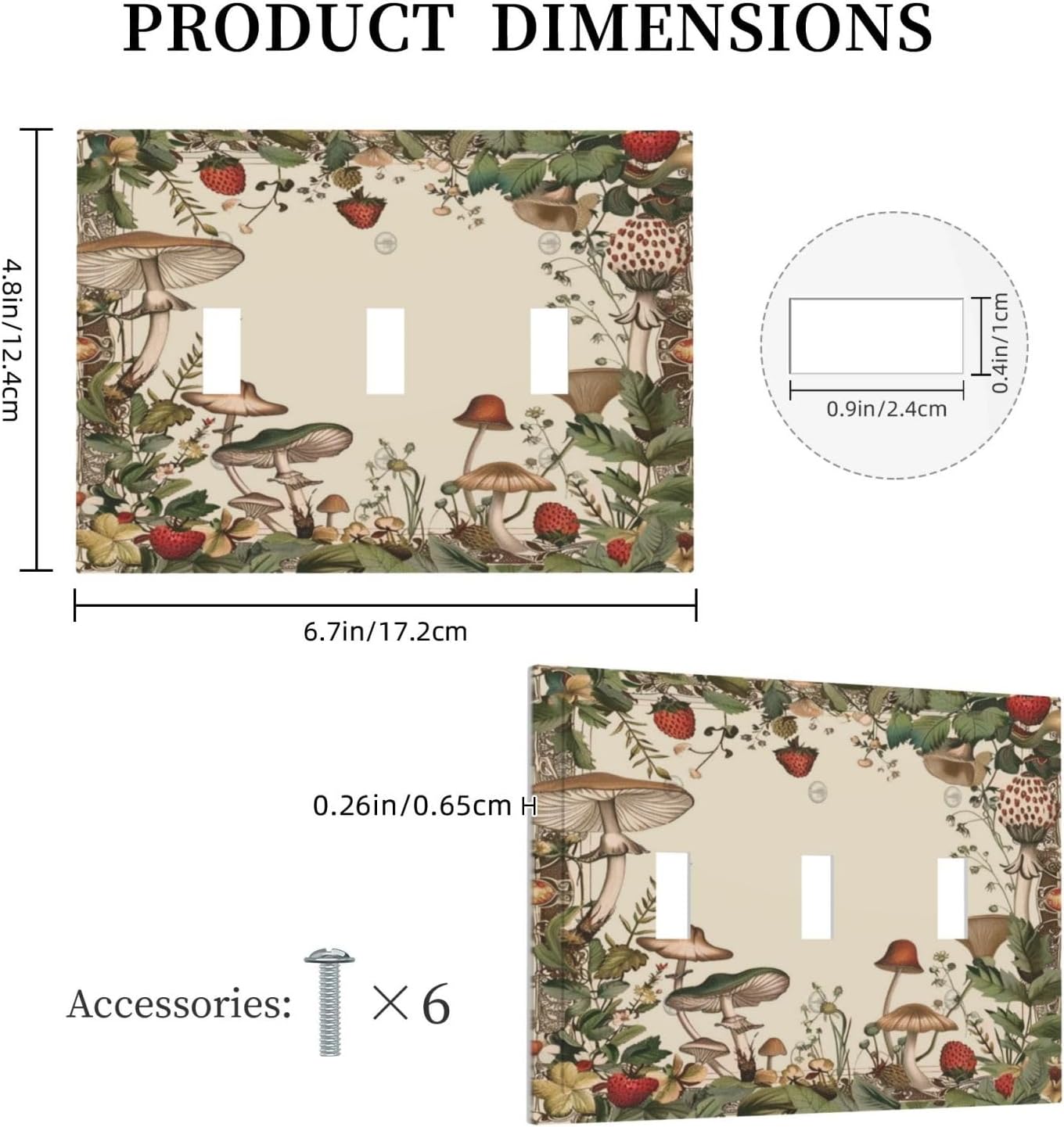 Decorative Switch Covers Plate Rustic Mushroom Garden Red Strawberry 3 Gang Artistic Wall Plate Unique Triple Toggle Light Switch Plate Jumbo Faceplate for Bedroom Home Decor