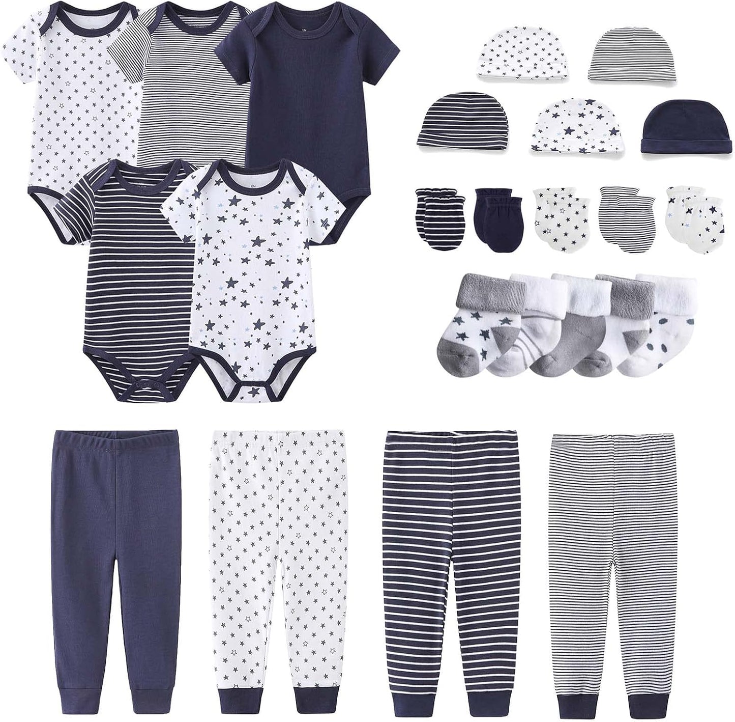 Newborn Layette Gift Set Bodysuits Pants for Baby Girl and Boy 24 Piece 100% Cotton Essentials and Accessories