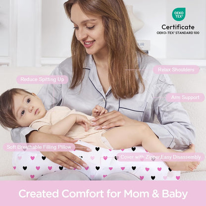 Nursing Pillow, Breast Feeding Pillows for Mom, Rose Red Hearts Soft Cover with Breathable Filling, Feeding Support Pillow for 0-12 Months, Multifunctional Support Cushion for Travel (Sweet Hearts)