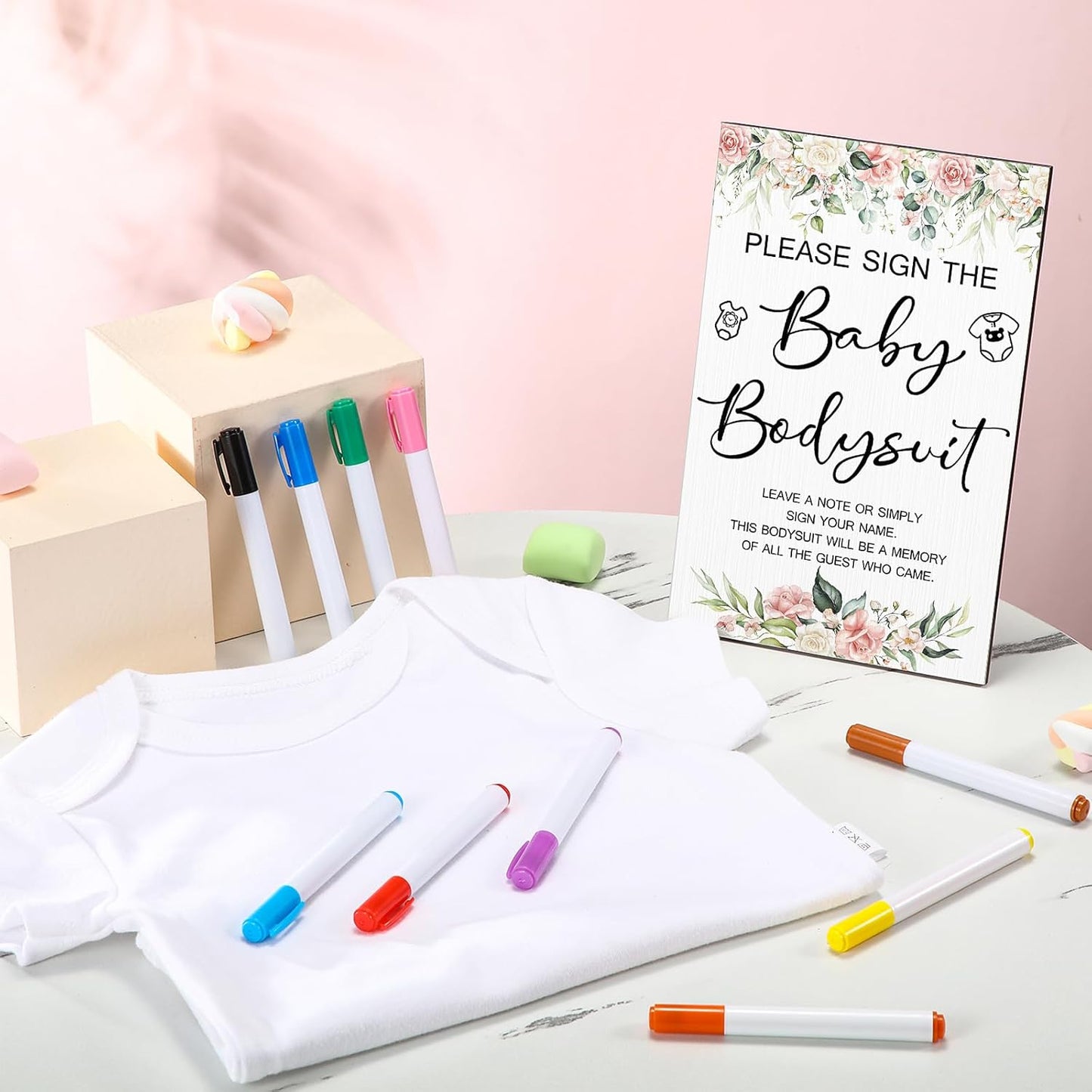 Qunclay 12 Pcs Baby Bodysuit Baby Shower Game Include 1 Game Wooden Sign Tabletop Decor 1 White Blank Newborn Bodysuit 10 Fabric Marker for Gender Reveal Party(Floral)