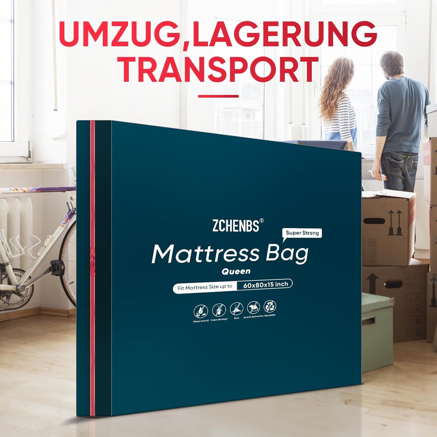 ZCHENBS® – Mattress Bags for Moving and Storage,Mattress Bag with Zippers,5 Mil Ultra-Thick Bed Bag,Waterproof,Anti-Tear,Heavy-Duty Mattress bag (Black, Queen-(2 Pack))