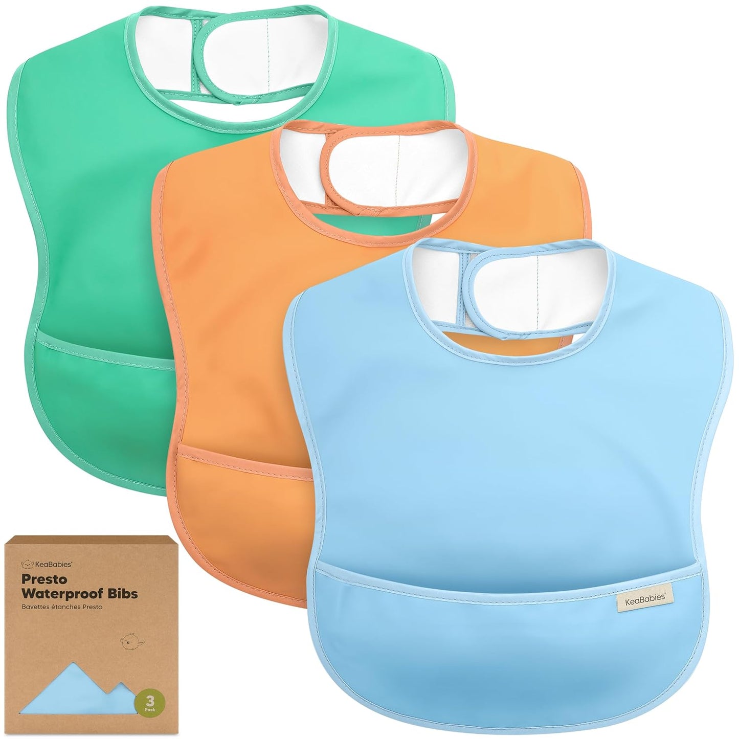 3-Pack Waterproof Baby Bibs for Eating - Lightweight Toddler Feeding Bibs with Large Food Catcher, Mess Proof, Food-Grade Baby Eating Essentials, Easy to Put On & Clean (Basics)