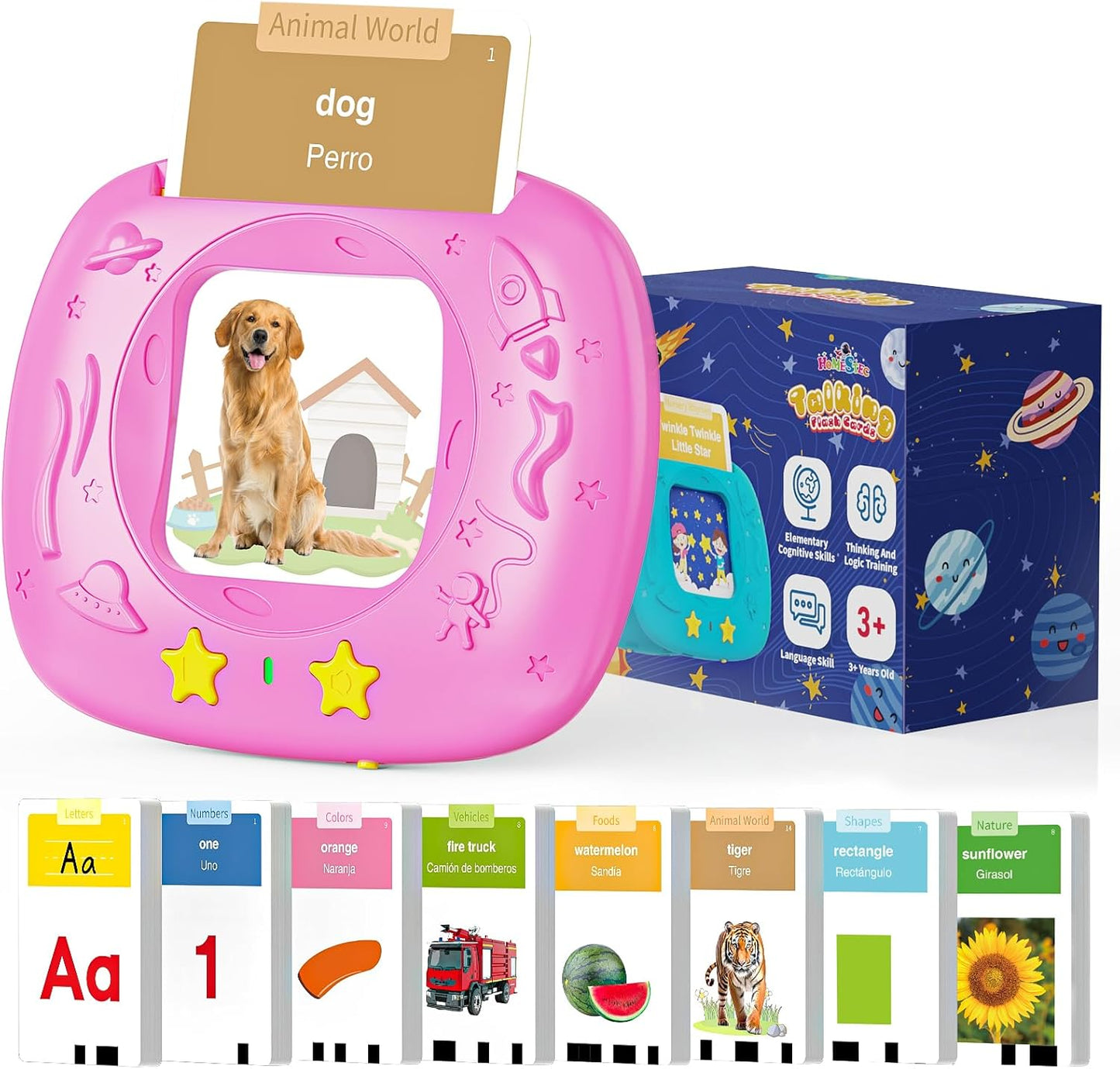 Toddlers Bilingual Spanish & English Talking Flash Cards with 288 Sight Words, Speech Therapy Toys for 1 2 3 4 5 6 Years Old Boys and Girls, Learning Educational Kids Gifts (Pink)