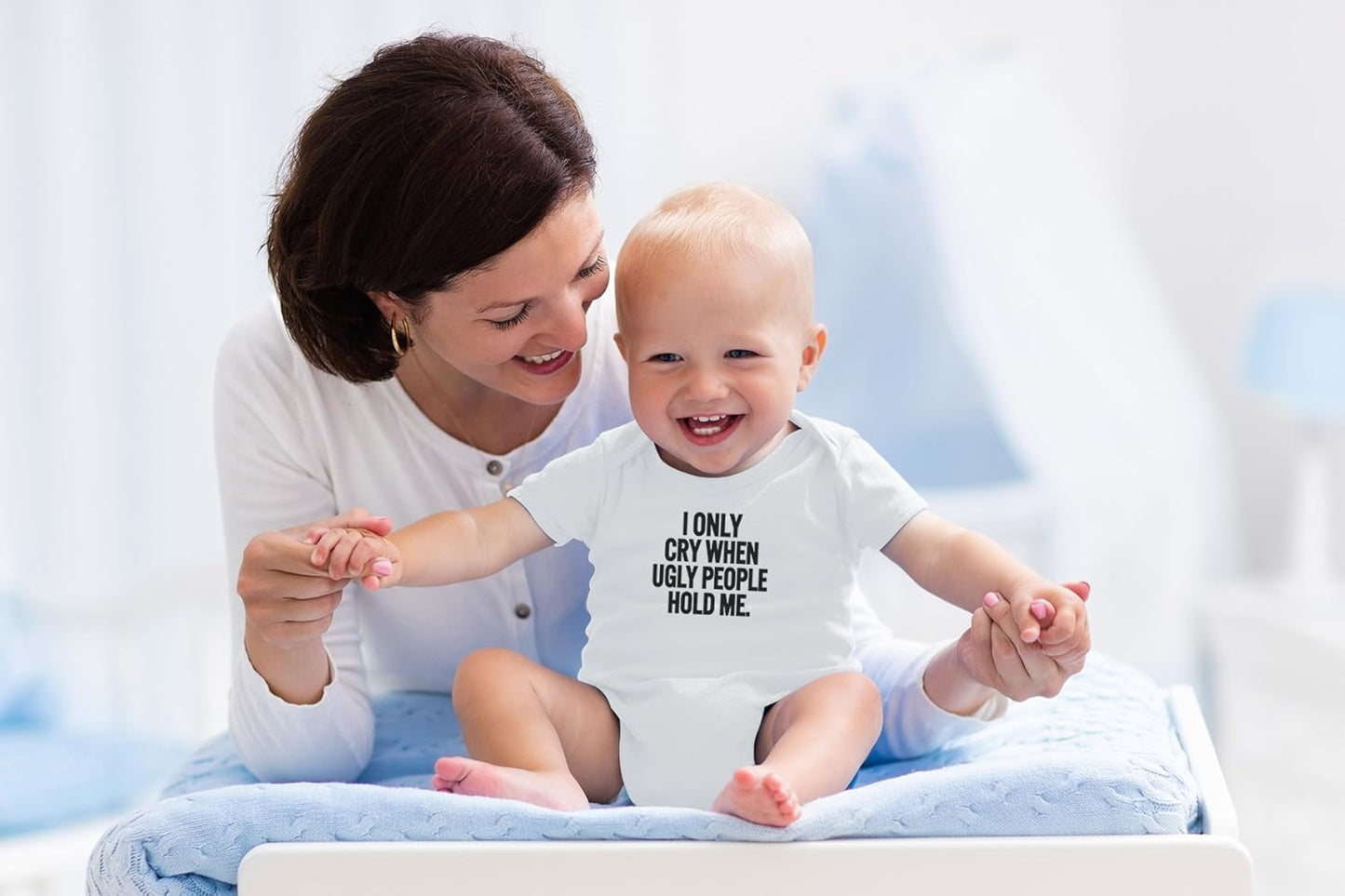 AW Fashions I Only Cry When Ugly People Hold Me Baby Bodysuit Funny Cute Baby Girl or Boy Outfit Romper
