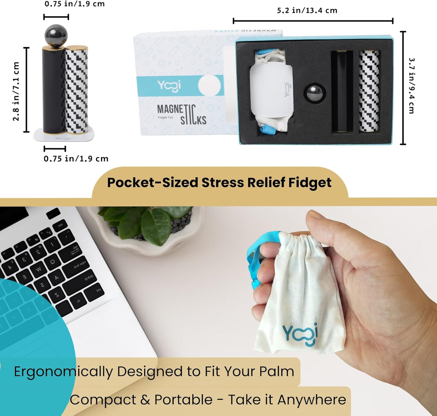 Yogi Magnetic Sticks - Premium Fidget Toys for Adults - Extremely Fun & Engaging, Uniquely designed Magnetic Fidget Toy with Magnet Sticks and Ball, Ideal Desk Toy for Focus & Relaxation (Black&White)