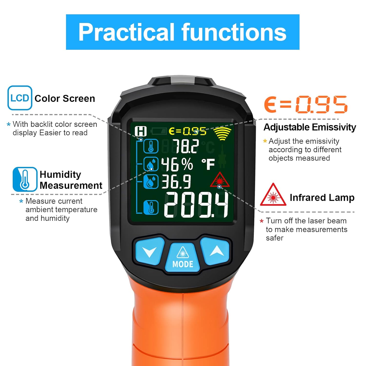 MESTEK Infrared Thermometer Gun, Non Contact Digital Laser Thermometer Temperature Gun with Color