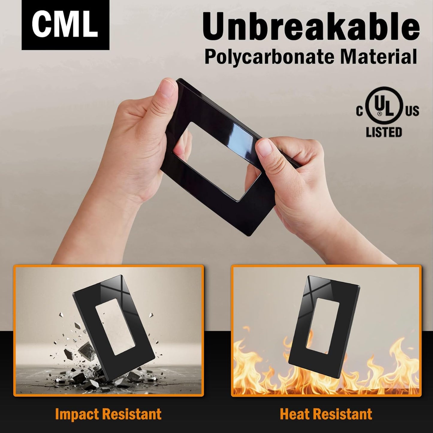 CML Black Decorator Screwless Wall Plate, 8 Pack Receptacle Outlet Cover, 1-Gang Hidden Screw Smooth Face Switch Plates, Standard Size 2.91”x4.68”, UL Listed