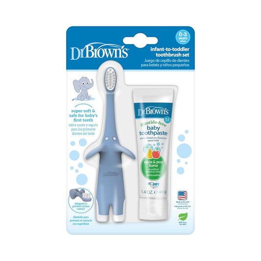 Dr. Brown's Infant-to-Toddler Training Toothbrush Set, Blue Elephant with Fluoride-Free Apple Pear