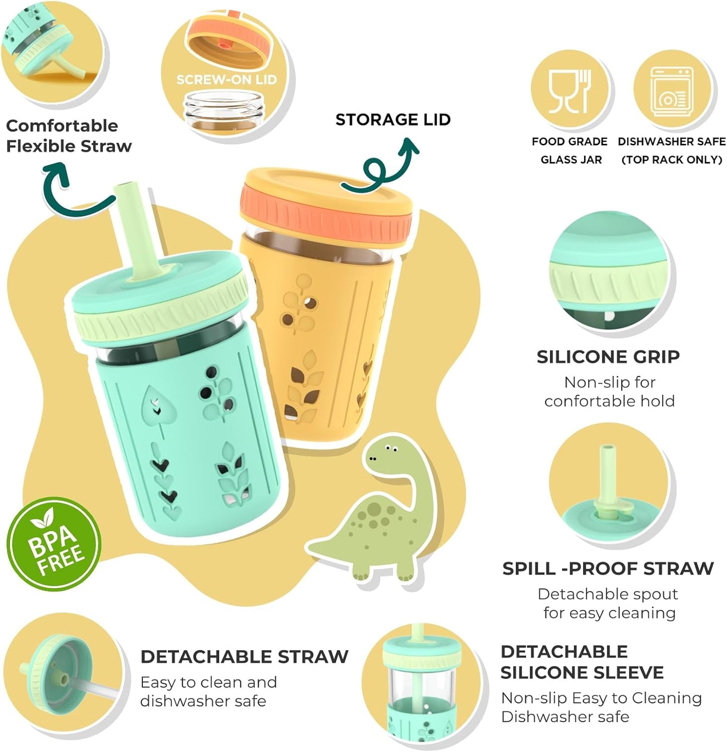 Tronco 8 oz Glass Sippy Cup for Toddlers, Kids Mason Jar Smoothie Cup with Silicone Sleeves & Spill
