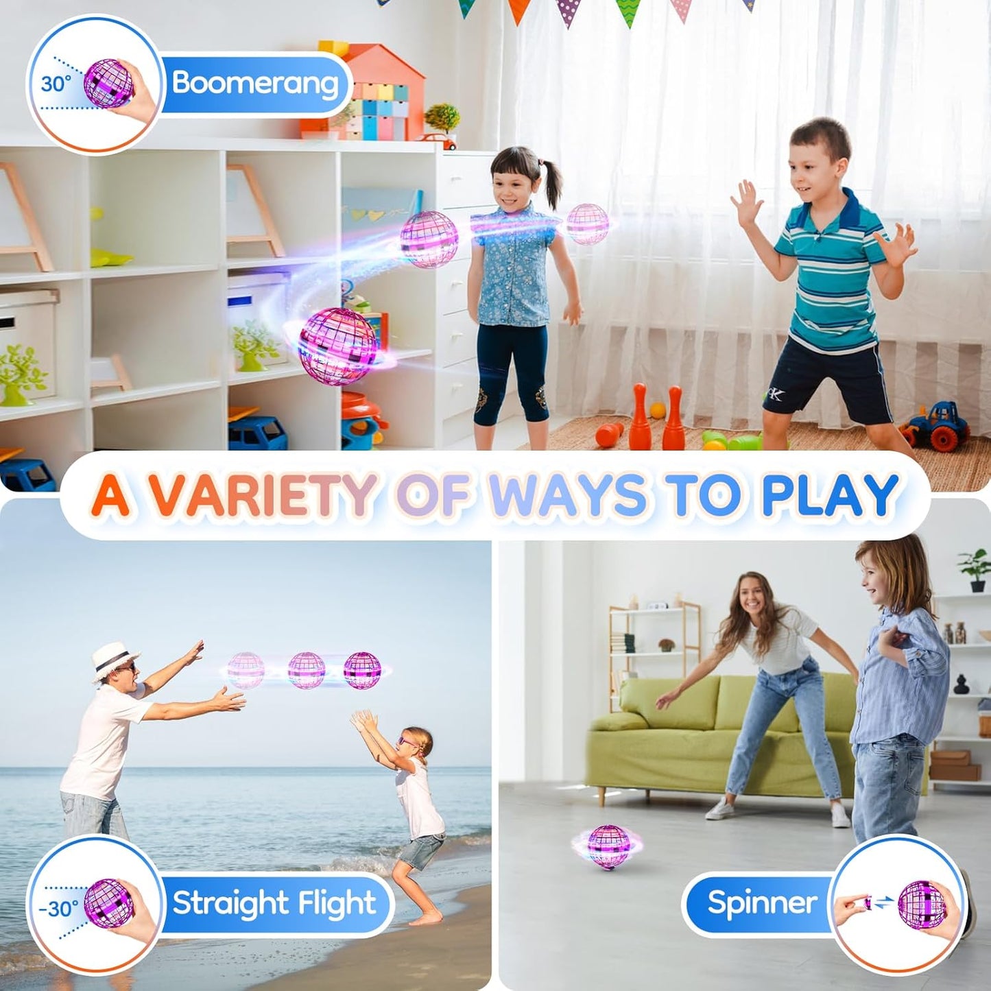 TOMZON Flying Orb Ball, Cool Toys for Boys Girls, Hover Ball Boomerang Fidget Spinner, Drone for Kids with Colorful Light Flying Spinner, A32 Purple