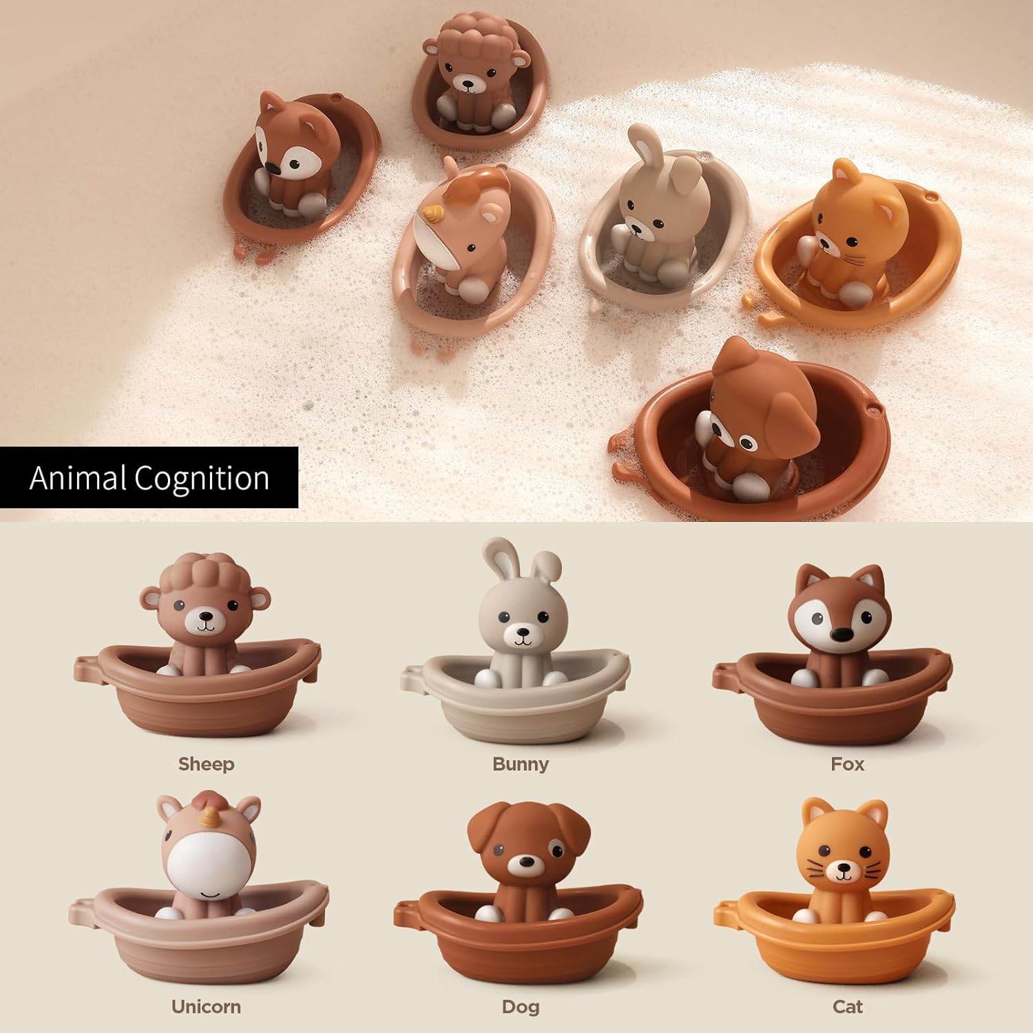 Nueplay Bathtub Toys for Toddlers 18M+，Baby Bath Toys with Animal Finger Puppets， Stackable Boat