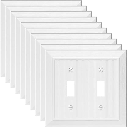 Modern Decorative Wall Plate Switch Plate Outlet Cover, Vintage Retro Wood Grain Design(Double Duplex-10 Pack, White)
