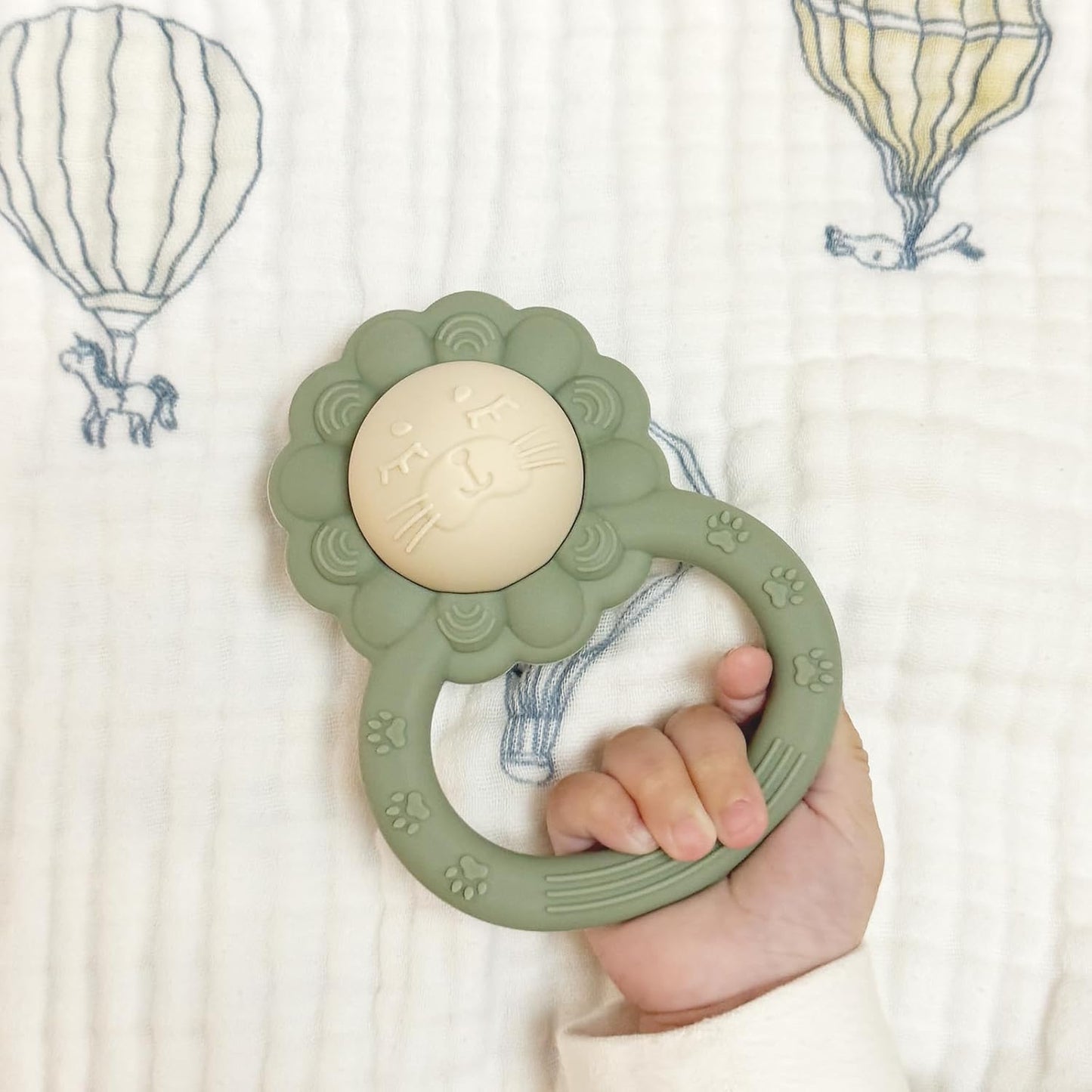 Rattle Teether, Lion Shape Montessori Baby Sensory Teething Toys, Food Grade Silicone BPA Free, Newborn Essentials Must Haves (Shifting Sand Sage)