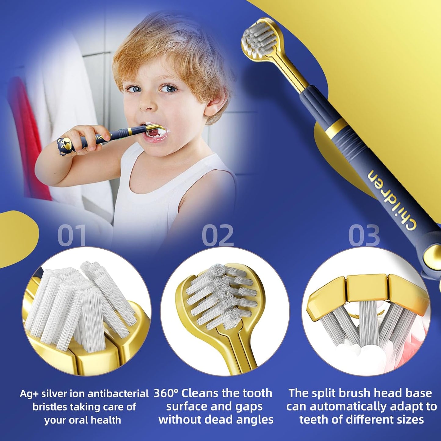 3 Sided Toothbrush for Kids, Japanese Design Triple-Angle Toothhugger, Cartoon Bear Design for