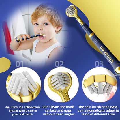 3 Sided Toothbrush for Kids, Japanese Design Triple-Angle Toothhugger, Cartoon Bear Design for