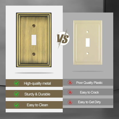 Antique Brass Decorative Light Switch Covers Plate, Metal Material 1 Gang Wall Plates for Light Switch, Single Toggle Switch Plate Cover - Classic Style, 6 Pack