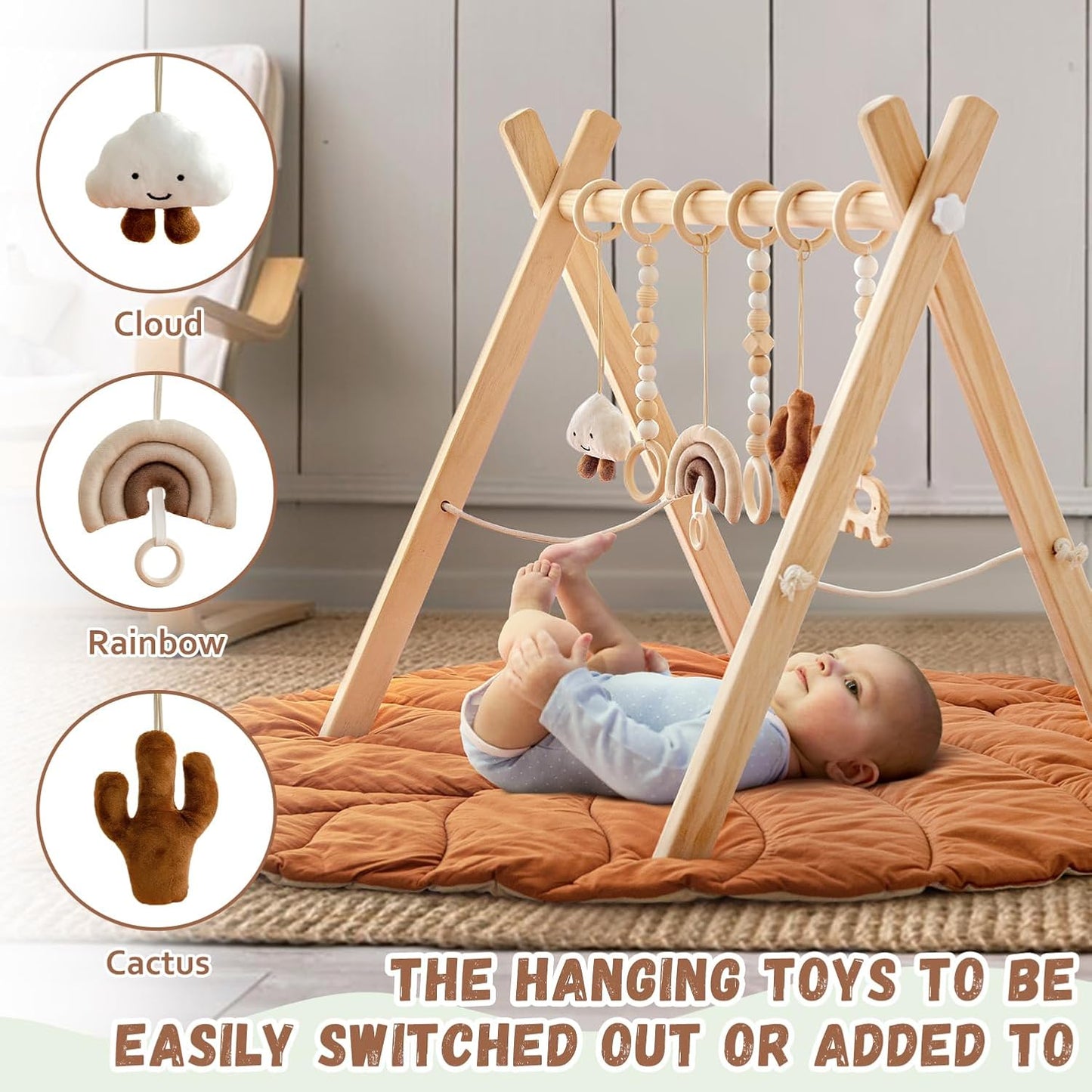 Razee Wooden Baby Play Gym Activity Mat, Leaf Shaped Play Mat Baby Gym with 6 Hanging Sensory Toys Foldable Baby Gym Newborn Infant Baby Use