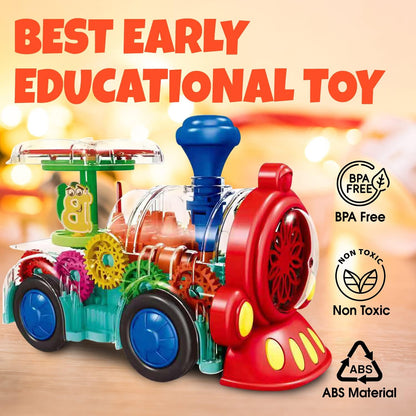 Transparent Sensory Train Toy - Fun and Interactive Toy for Kids - Music Train with LED Light up - Colorful Moving Gears -Tummy Time Crawling Baby Toys - Birthday Gift Idea for Boys & Girls