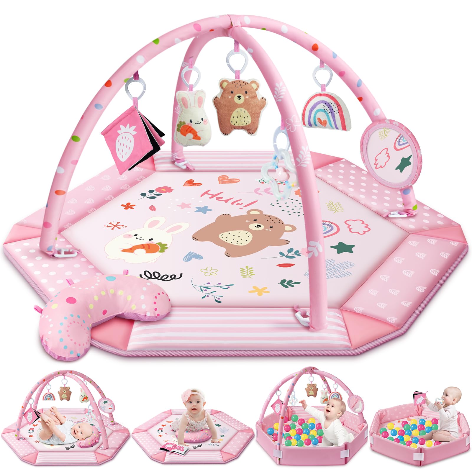 Baby Gym Play Mat, 8-in-1 Tummy Time Mat & Ball Pit with 6 Toys, Washable Baby Activity Mat for
