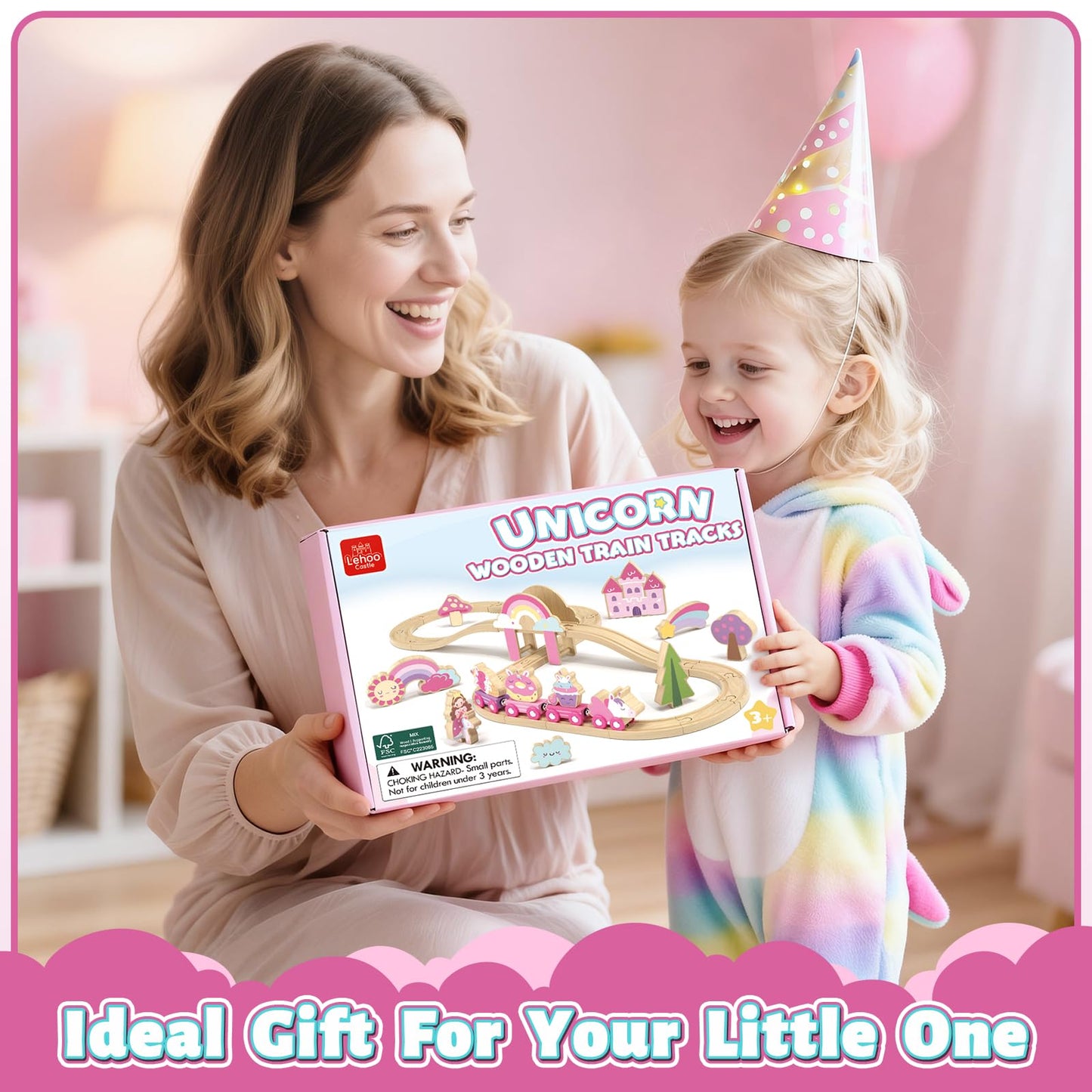 Lehoo Castle Wooden Train Set for Girls, Pink Unicorn Train Set