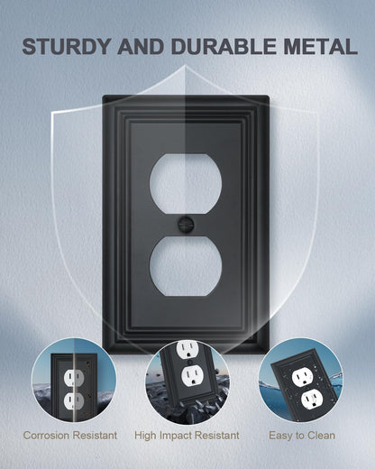 4-Pack Black Outlet Covers, Metal Duplex Wall Plates for Receptacles, Light Switch, Durable Electrical Outlet Cover Plates, 3.15''*4.88'', Midsize