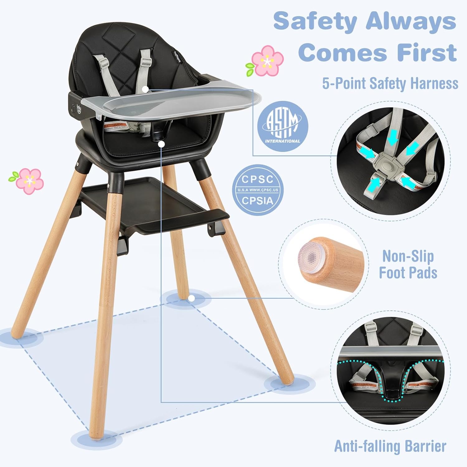 BABY JOY Baby High Chair, 6 in 1 Convertible Wooden High Chair for Babies & Toddlers with