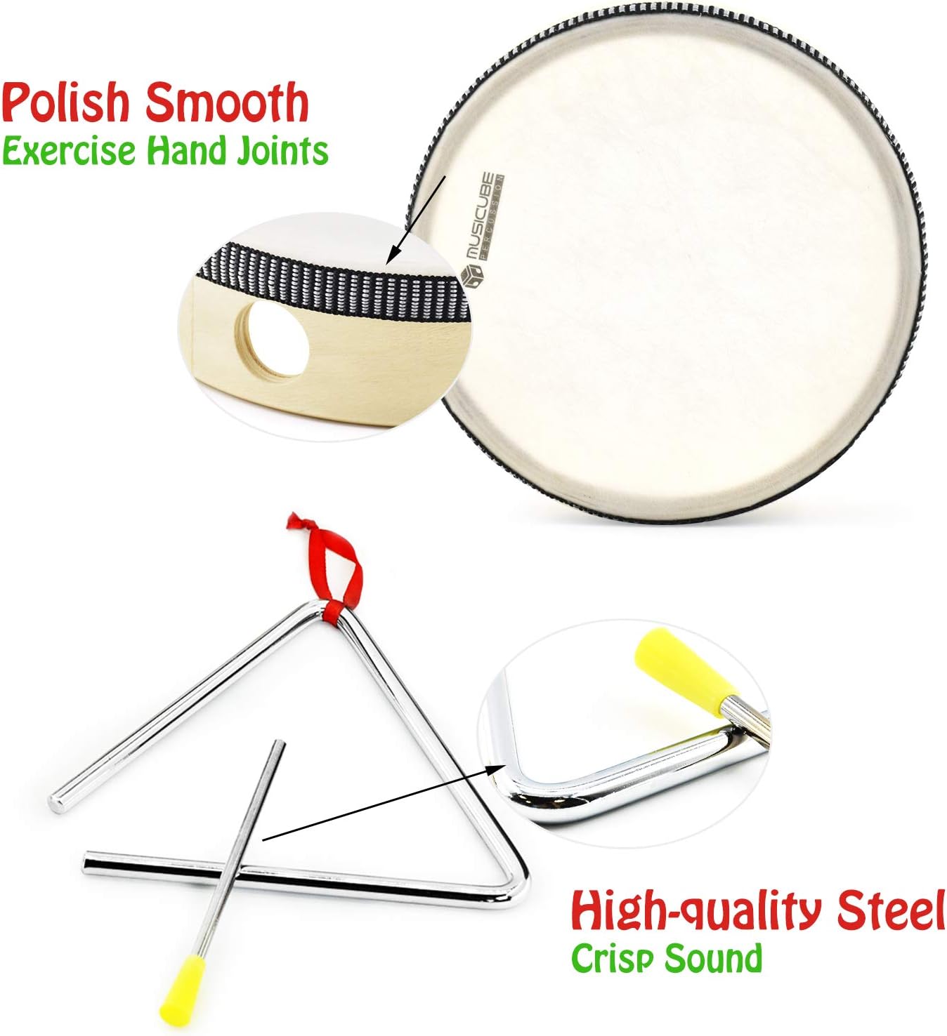 MUSICUBE 7 Pcs Musical Instrument Toys Set for Kids Wooden Percussion Instrument with Hand Drum, Maracas, Triangles, Hand Bell Educational Instrument for Toddler Birthday Gift for Boys Girls Aged 3+