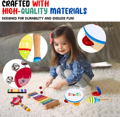 Stoie's Wooden Kids Musical Instruments for 1-5 Years Old, Baby Percussion Toys with Xylophone, Maracas, Tambourine, Durable, Safe to Play, Clear Loud Sound, Bright Rainbow Colors, Storage Backpack