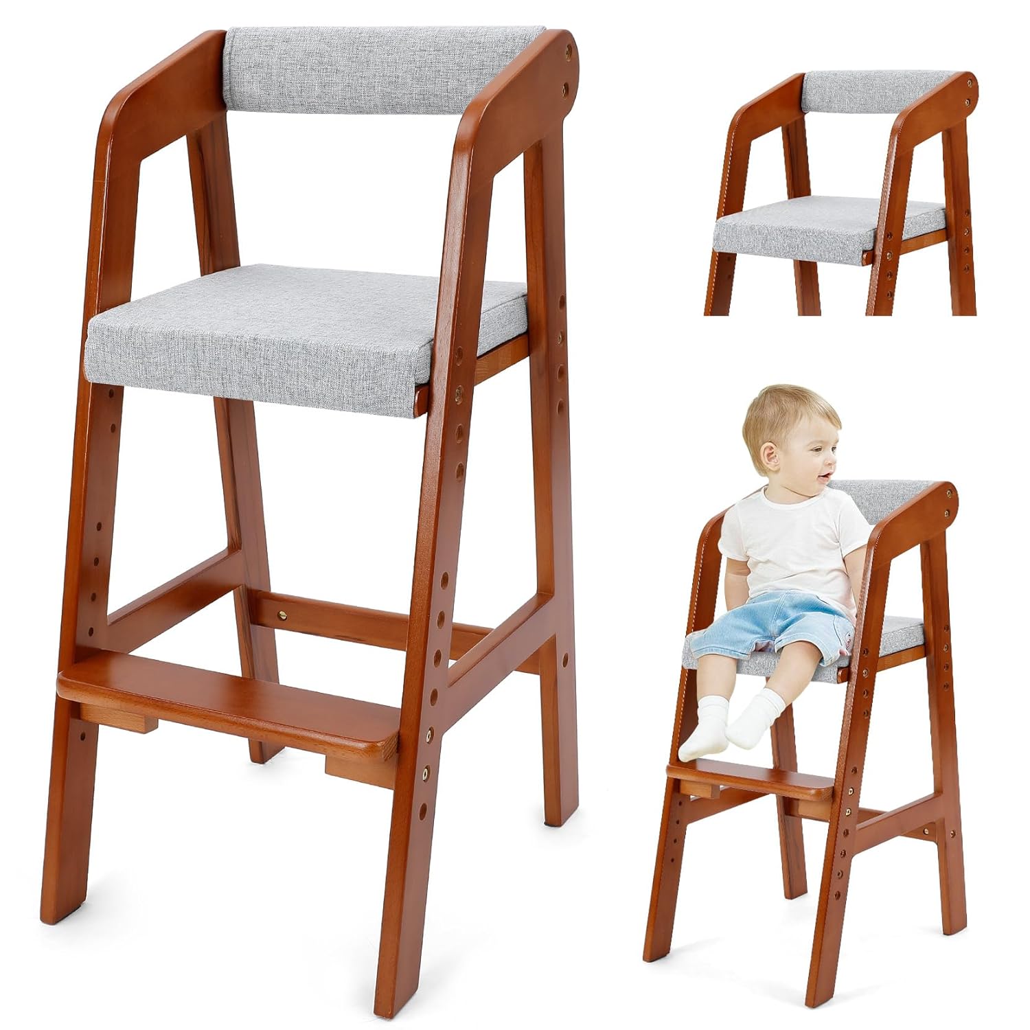 Wooden High Chair for Toddlers, Adjustable Dining Feeding Chair with Removable Cushion for Child