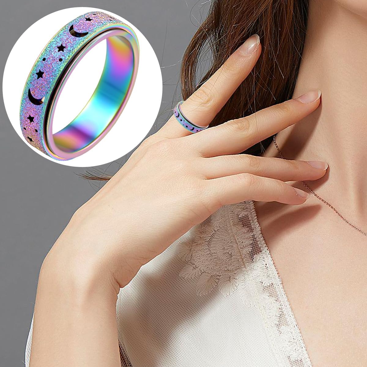 OreilleStar Anxiety Ring for Women Spinner Ring Fidget Ring Fidget Toys Adults Spinner Rings Stainless Steel Silver Rainbow Size 8 Moon Star Band
