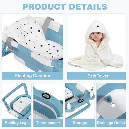 MoreFeel Collapsible Baby Bathtub for Newborn with Thermometer & 1 Hooded Towel & 1 Soft Floating