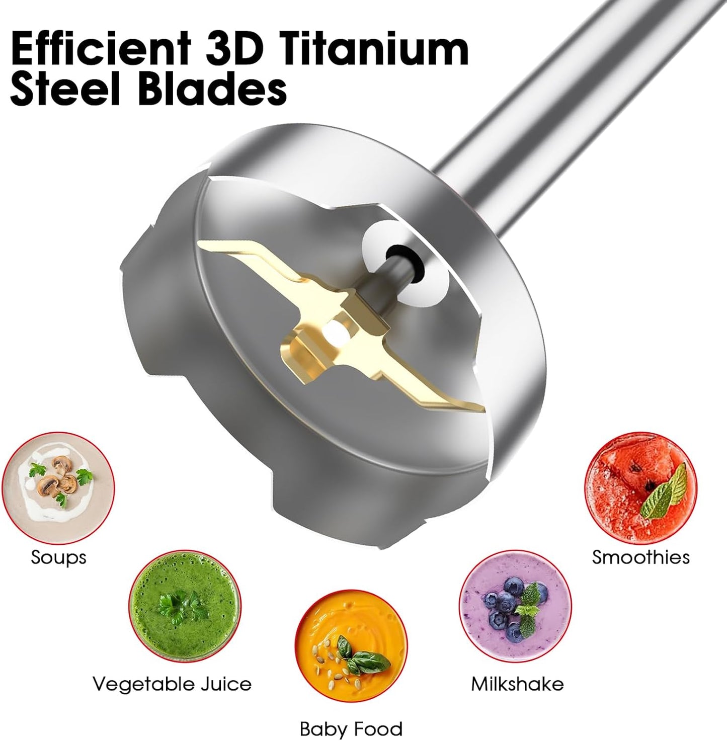 Immersion Blender Handheld, 800W Powerful Electric Hand Blender with Titanium Alloy Blades, 12