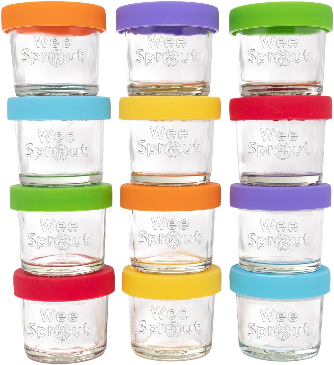 WeeSprout Glass Baby Food Storage Jars w/Lids (4 oz, 12 Pack Set) Snack, Puree, Reusable Small